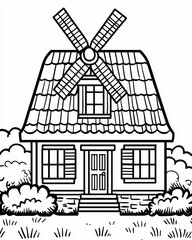 Fototapeta premium Charming Black and White Illustration of a Windmill House with Lush Bushes