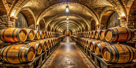 In a beautifully lit cellar, rows of polished wooden barrels create an inviting atmosphere. The stone arches and soft lighting enhance the ambiance, perfect for wine aging