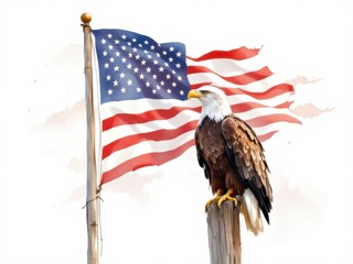 Bald eagle with american flag on a wooden pole