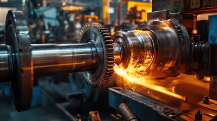 Naklejka premium A dynamic scene in a factory with heavy machinery working in harmony, gears turning and metal parts grinding to create the power of industry.