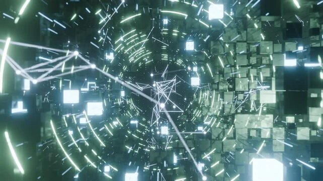 A geometric luminous sphere surrounded by platforms and lights in an abstract technological environment. Video loop seamless synchronized at 120 bmp