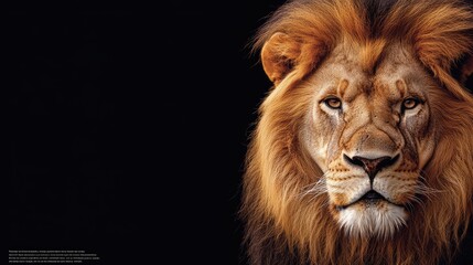 Fototapeta premium A close-up portrait of a majestic lion with a striking mane against a dark background.