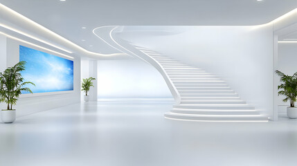 Obraz premium Blue hall in the airport with columns at night surrounded by snow and city landmarks