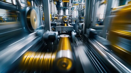 Fototapeta premium A dynamic scene of a factory floor with machines working at full capacity, gears turning and metal parts grinding to create power.