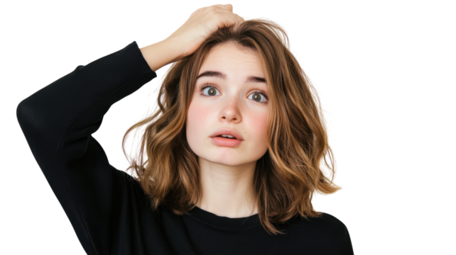 A young adult woman raising her eyebrows, expressing curiosity and surprise, ideal for conveying emotions in marketing materials, blogs, and social media content..