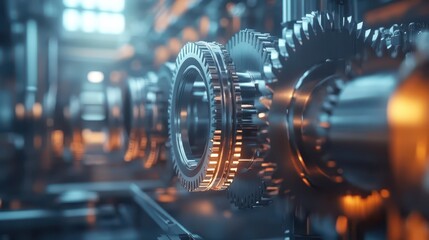 Fototapeta premium A futuristic industrial factory with advanced machinery, steel gears, and wheels working together to create cutting-edge technology.