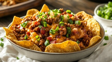 Fototapeta premium A farmhouse-style Frito pie presentation with cornbread crumbles, isolated on a linen cloth background
