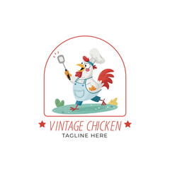 Cute Cartoon Chicken Master Chef Mascot Logo