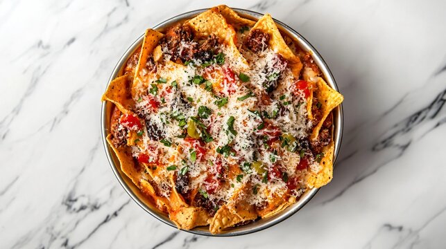 A gourmet Frito pie topped with truffle oil and Parmesan, isolated on a marble surface