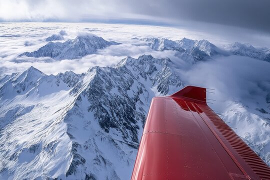 A red plane is flying over a snowy mountain range - Powered by Adobe