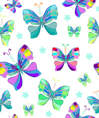 Vintage butterflies and stars in watercolor style on a seamless background or pattern. Vector