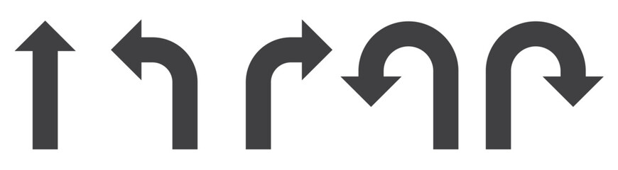 Go Straight This Way One Way Only U Turn Left and Right Black Arrow Sign Direction Icon Set. Vector Image.