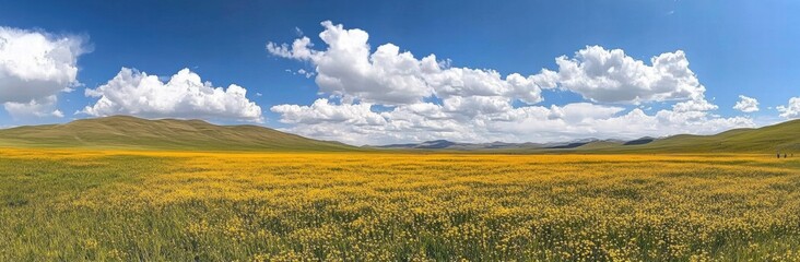 Fototapeta premium A vast, open field of yellow grass with a clear blue sky above