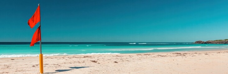 Fototapeta premium A beach with a red flag on a pole