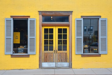Fototapeta premium The yellow building has a wooden door and two windows
