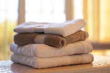 Soft towels arranged neatly on a table with natural light streaming in