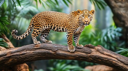 A leopard stands on a tree branch in a lush, green environment, showcasing its beauty.