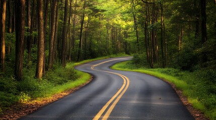 Naklejka premium Winding road through lush green forest.
