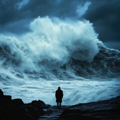 Man Silhouetted Against A Massive Ocean Wave