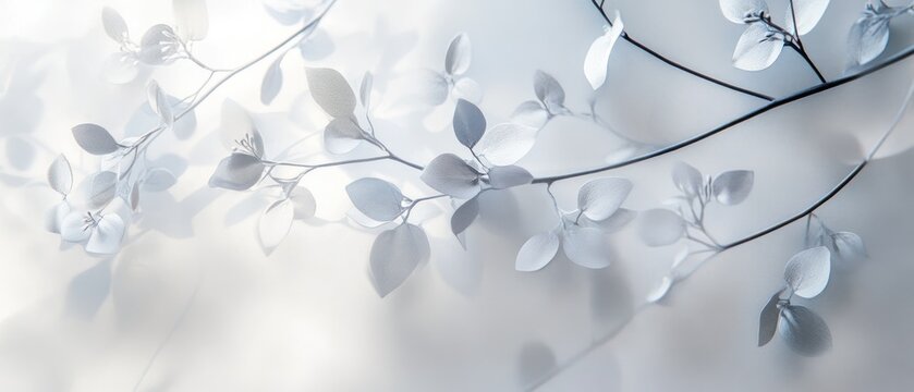 Delicate white branches with leaves, soft light.