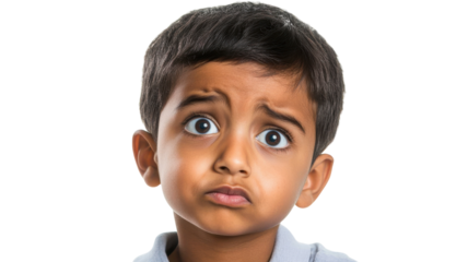 A Young Boy Looking Confused with Furrowed Brow Expressing Emotion and Curiosity, Ideal for Articles Discussing Child Development and Psychology.