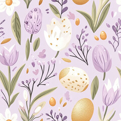 Fototapeta premium Spring floral easter egg pattern with lilac and white blooms