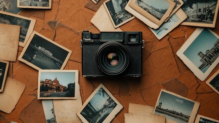 A vintage camera surrounded by old photographs on a textured surface, evoking nostalgia and memories captured through time.