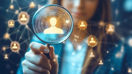 Woman using magnifying glass to examine digital profile in network.