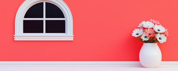 Coral Wall with White Window and Vase of Pink and White Anemone Flowers