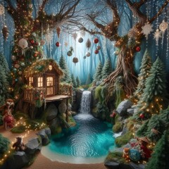 Obraz premium house with a waterfall in the forest and a Christmas decoration 