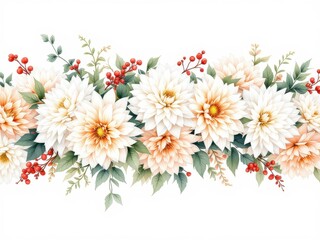 Fototapeta premium White and peach dahlia flowers with green leaves