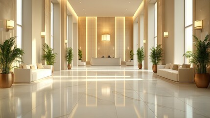 Fototapeta premium Luxurious Hotel Lobby Interior Design: Elegant Space with Marble Floors, Modern Furniture, and Natural Light