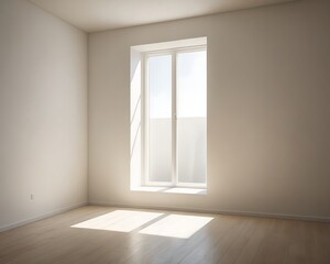 Sunlight streaming into an empty room with wooden floor and potted plant on windowsill