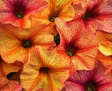 A close up of a bunch of orange flowers with yellow centers