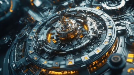 Fototapeta premium A futuristic mechanical system with high-tech wheels, rotating gears, and steel cogs in motion, symbolizing innovation and creativity.