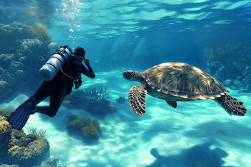 Obraz premium Scuba diver floating weightlessly in clear tropical water, gazing at a large sea turtle swimming nearby.