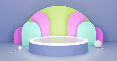 4k Three-dimensional product display space using pale golden rod, Plum and orchid