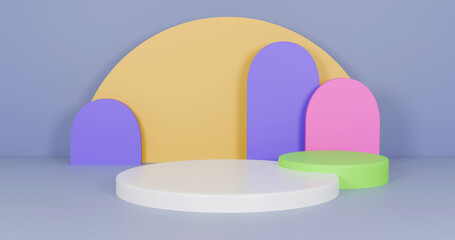 4k Three-dimensional product display space using burlywood, medium purple and Plum