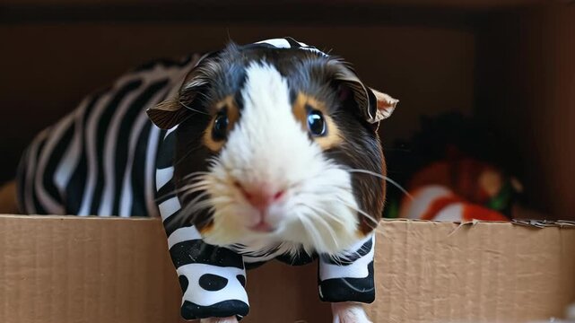 Playful guinepig in striped zebrcostume peeks from cardboard box, exuding charm and humor. perfect for pet-themed content and joy.