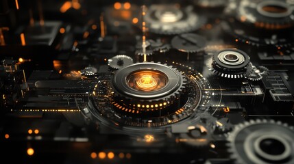 A futuristic machine with transparent gears and glowing cogs, symbolizing the advanced technology behind modern industrial design.