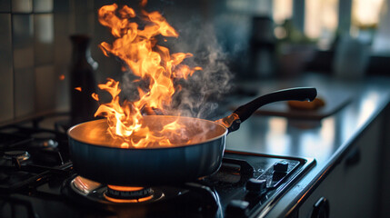 Cooking flames rise from a pan on the stove in a well-lit kitchen
