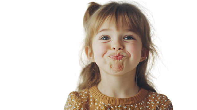 A Playful Young Girl Creating a Goofy Face by Puffing Cheeks for Fun Imagery in Children's Activities and Photography.