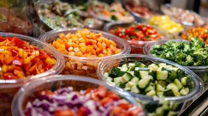 Obraz premium Colorful array of fresh chopped vegetables displayed at a local market