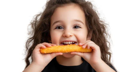 A Young Girl Enjoying a Cheese Stick Snack in a Playful Setting Perfect for Advertising Healthy Eating Options for Children.