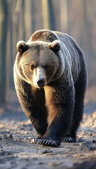 Obraz premium A close-up of a bear walking through a forested area, showcasing its powerful presence.