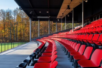 Fototapeta premium A stadium with red seats and a view of trees