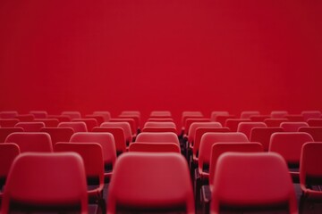 Naklejka premium A red wall with a row of empty red chairs