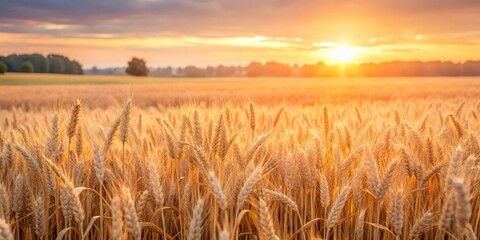 Obraz premium Warm golden light illuminates a serene wheat field at dawn, with soft pink hues and gentle ripples in the landscape