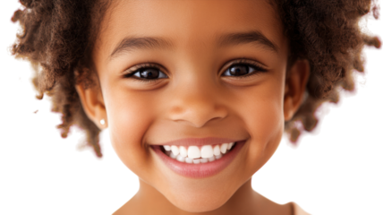 A Joyful Young Girl with a Gleeful Big Toothy Smile Captured Against a Crisp White Background Perfect for Kids' Happiness Themes.