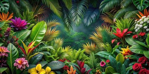 Obraz premium Dense foliage of exotic tropical plants, lush green leaves and vibrant flowers, nature, plant